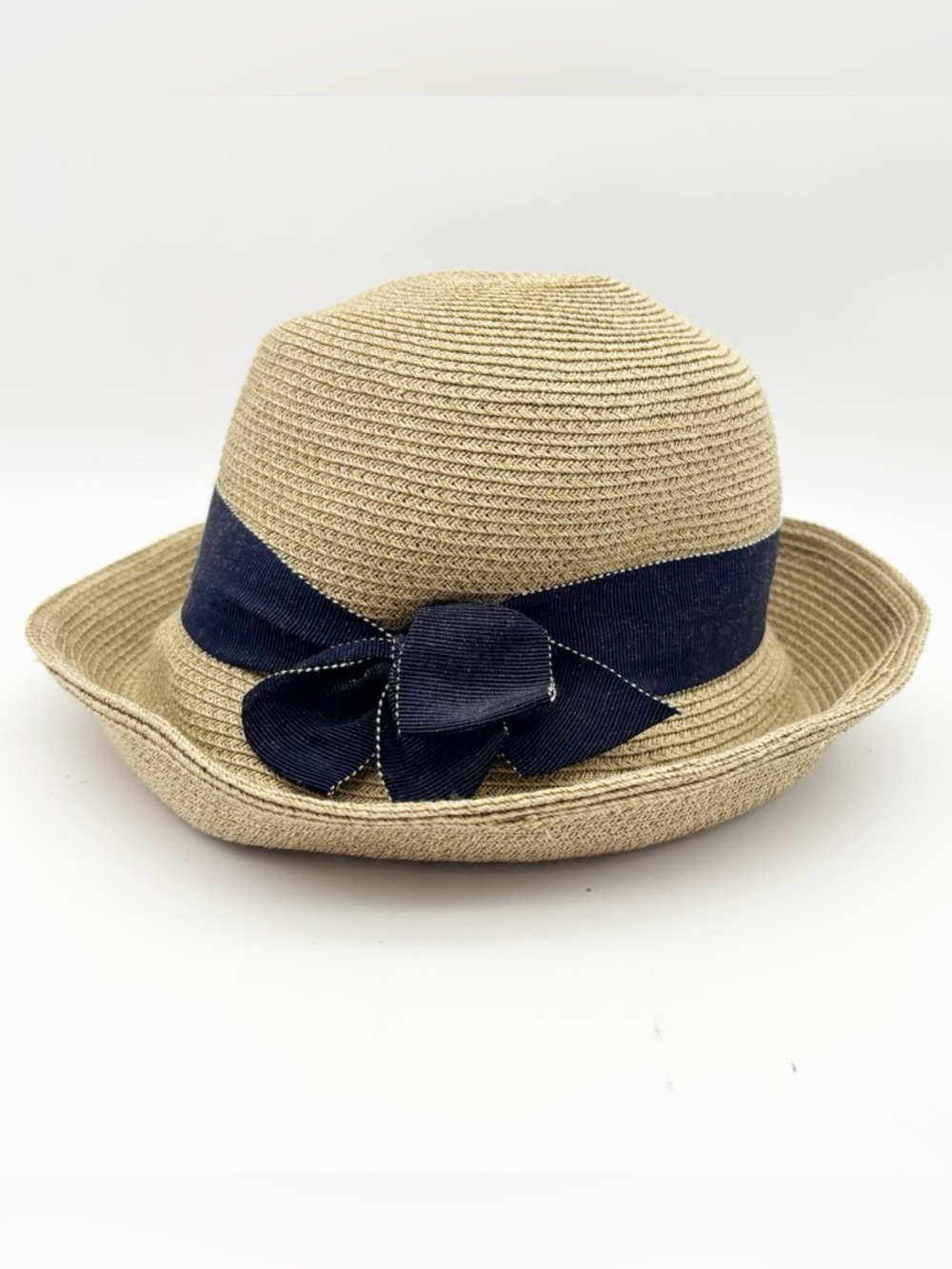 NWT Bonpoint Straw Bucket Hat with Navy Ribbon